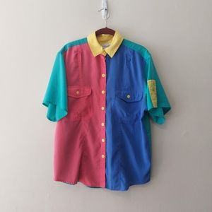 Collections Internationale Vintage Color Block  Short Sleeve Button Shirt